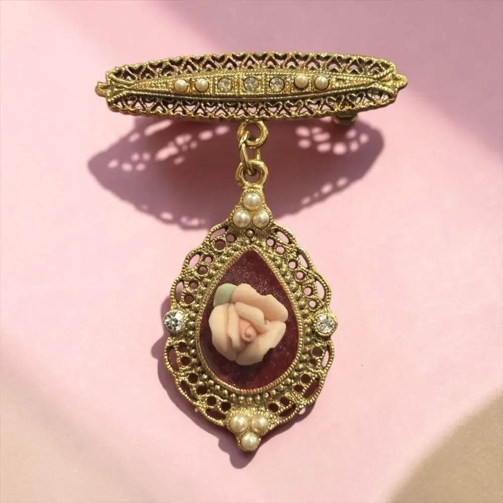 Victorian Rose Cameo Dangle Brooch 1928 Gold Filigree Pearl Rhinestone